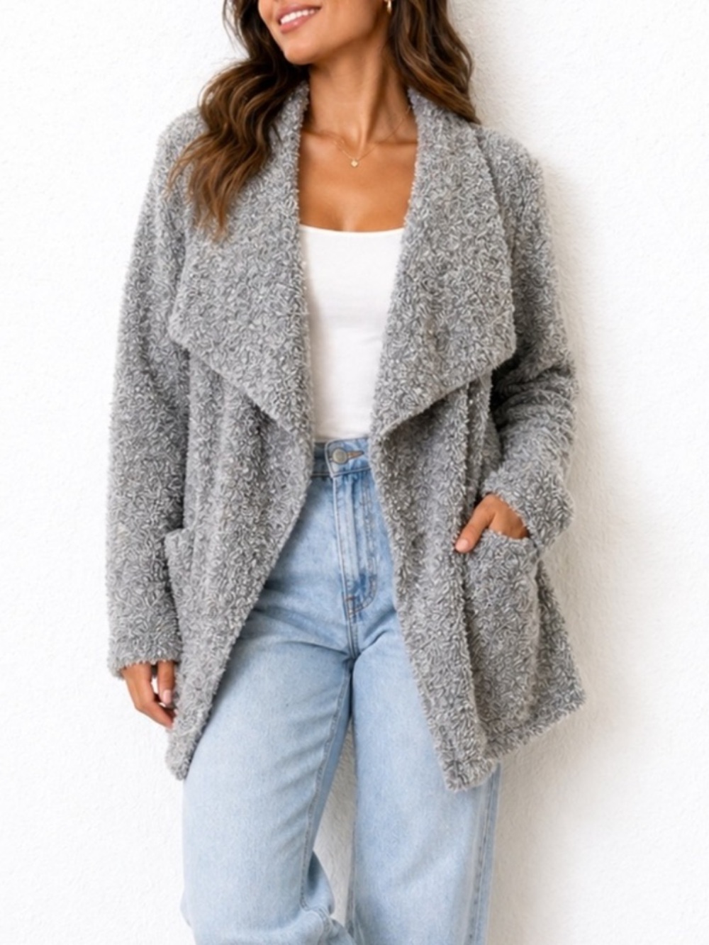 Soft Surroundings Hugs Light Gray Teddy Open-Front Jacket Oversized Small *picts